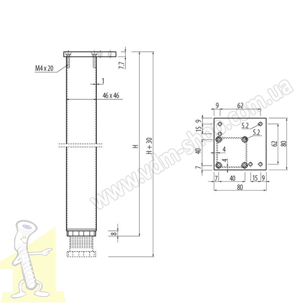 Опора меблева GTV квадратна, регульована 46х46х710 NM-46R710-05. Фото 3