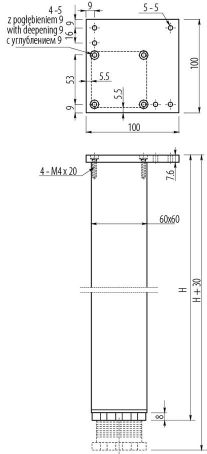 Опора меблева GTV квадратна, регульована 60х60х820 NM-60R820-05. Фото 3