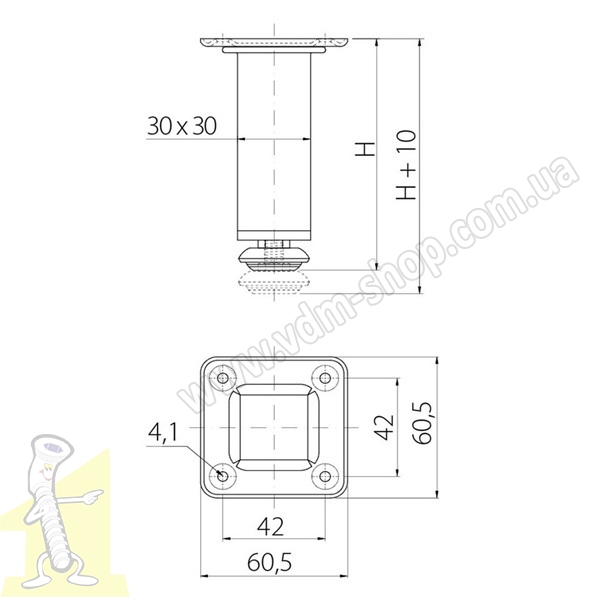 Опора меблева GTV регульована квадратна 30х30 NM-SQA150-01 хром. Фото 2