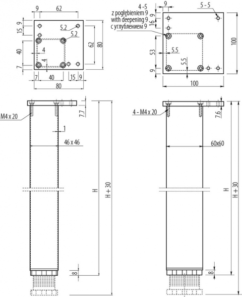 Опора меблева GTV квадратна 46x46x820 регульована алюміній NM-46R820-05. Фото 2