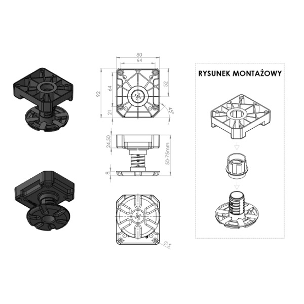 Ніжка меблева регульована h 50-75мм пластикова чорна посилена 450 кг. Фото 2