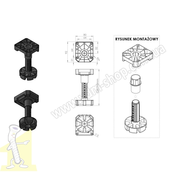 Ніжка меблева регульована h 125-195мм пластикова чорна посилена 450 кг. Фото 3