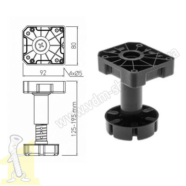 Ніжка меблева регульована h 125-195мм пластикова чорна посилена 450 кг. Фото 2