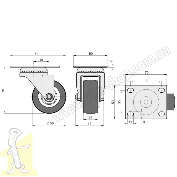 Колесо меблеве гумове Чорне d-50мм з площадкою поворотне. Фото 2