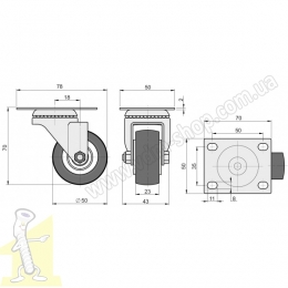 Колесо меблеве гумове Чорне d-50мм з площадкою поворотне. Фото 2