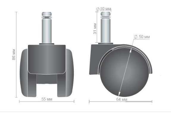 Ролик D-50 з штирем 10 мм гумовий для офісних крісел. Фото 2