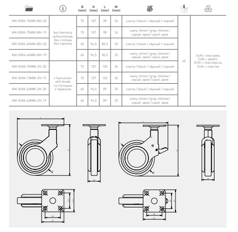 Ролик меблевий GTV GIRA, H=107 мм,fi 75 мм, з гальмом, пластик + сталь, чорний + хром KM-GIRA-75MM-ZH-20. Фото 5