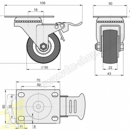 Колесо мебелве гумове Чорне d-50мм з площадкою поворотне і гальмом. Фото 2