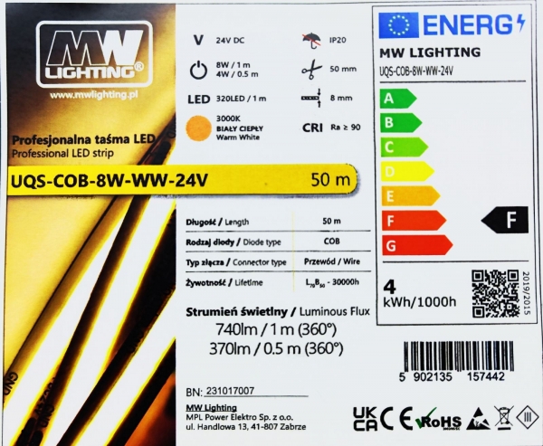 Стрічка LED COB бiлий теплий 3000К 320 діодів/1м. 8W/1м. 24V. Фото 2