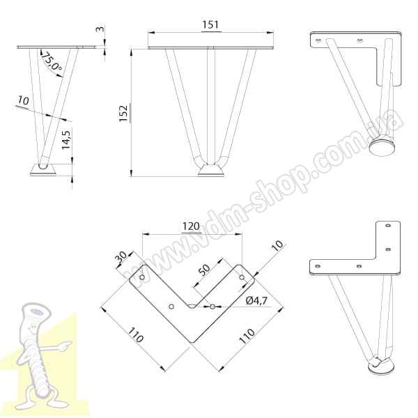 Ніжка меблева DN-803 H-152 P2 чорна. Фото 4