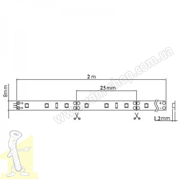 Світлодіодна стрічка Flash 3528, 60 діодів/м, теплий білий, 4,8W/м, 12V, IP20, 8mm, 2м x1 miniAMP. Фото 2