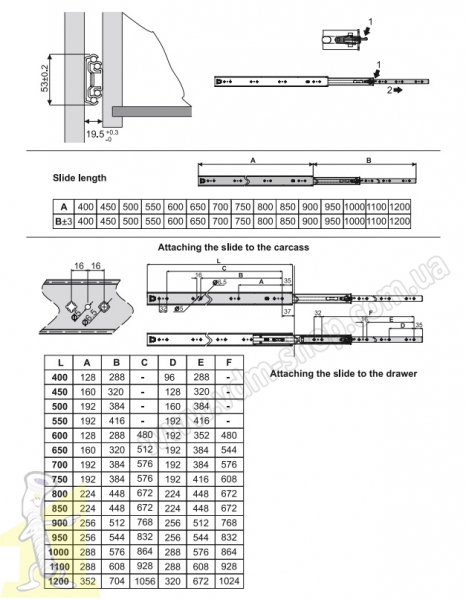 Напрямні кулькові Sevroll для великих навантажень H-53mm 100kg L-1100. Фото 2