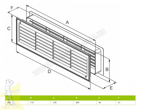 Решітка вентиляційна дверна пластик коричнева 430x115 (внутрішній розмір). Фото 2