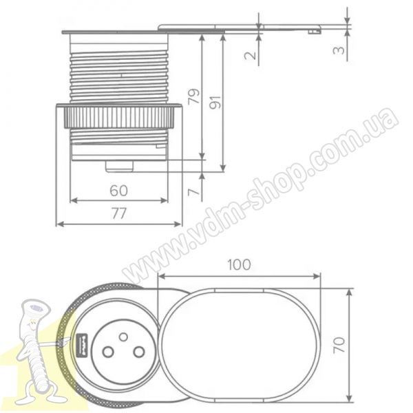 Розетка в стільницю Rejs ELEKTRIMA SLIDER Ø 60мм чорна на 1 гнізд0 + 1 USB 2,4A 5V + кабель TR19.0025.08.061. Фото 2