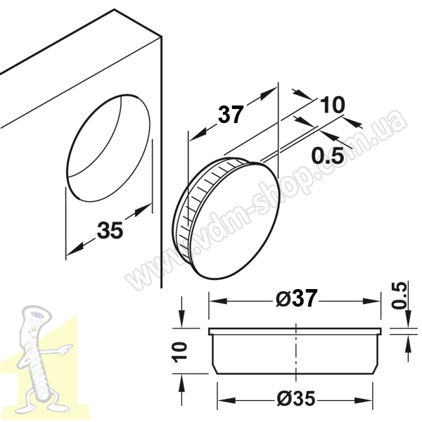 Заглушка отвору 35мм пластик чорна ATM. Фото 2