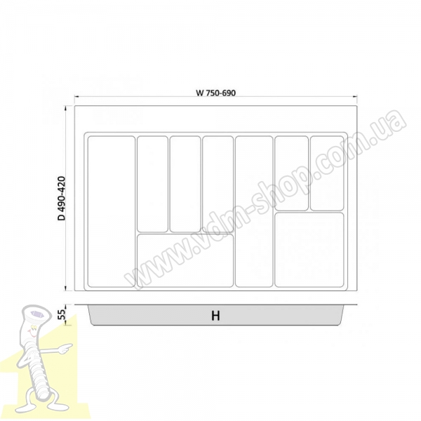 Вклад шухляди для столових приборів MAX 80 690-750*422-490 - 2 мм білий Rejs TE36.0123.05.013. Фото 3