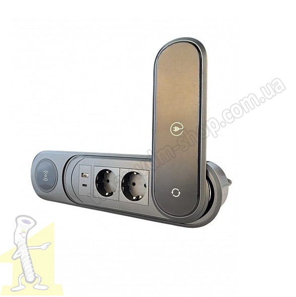 Розетка врізна Чорна 2 * 220V/16А + USB + TypeC роз'єми з висувною кришкою - бездротова зарядка. Фото 2