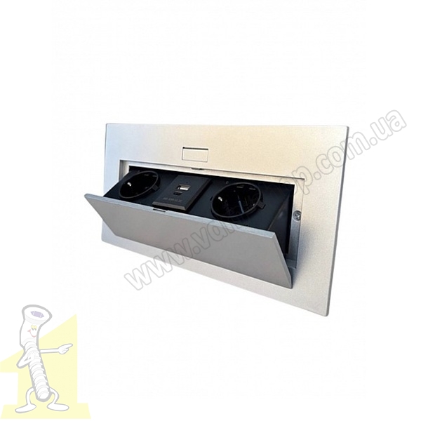 Розетка врізна Алюміній 2 * 220V/16А + USB + TypeC роз'єми з підйомною кришкою