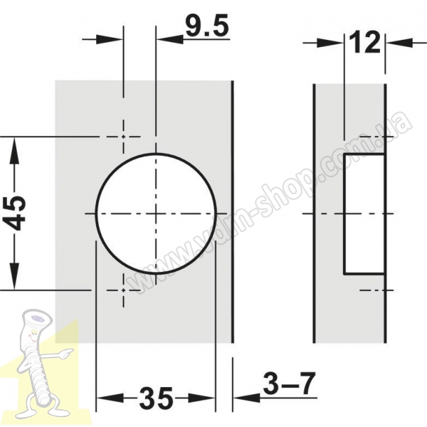 Петля METALLA SM 540 110° сталь нікельована внутрішня з демпфером 45/9.5+планка прямапід шуруп 311.05.002+311.70.750 Hafele. Фото 3