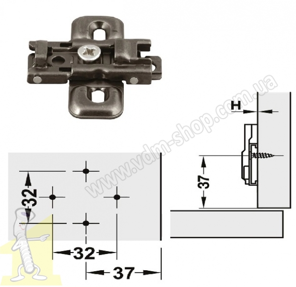 Петля METALLA SM 540 110° сталь чорна накладна без пружини 45/9.5+планка під шуруп 311.05.009+311.70.756 Hafele. Фото 4