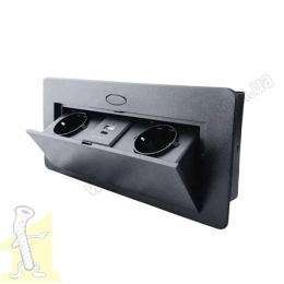 Розетка врізна Чорна 2 * 220V/16А + USB + TypeC роз'єми з підйомною кришкою з округлими краями