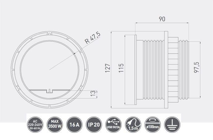 Продовжувач GTV врізний 60мм 1schuko,2.4A, кабель,1USB,CHARGER-MINI  AE-BPW1SUCH-53. Фото 2