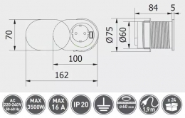 Подовжувач SLIDE 60mm, 1x розетка Schuko, 1xUSB 2,4A, кабель 1,9m, Інокс  AE-BPW1S1UCH-51. Фото 2