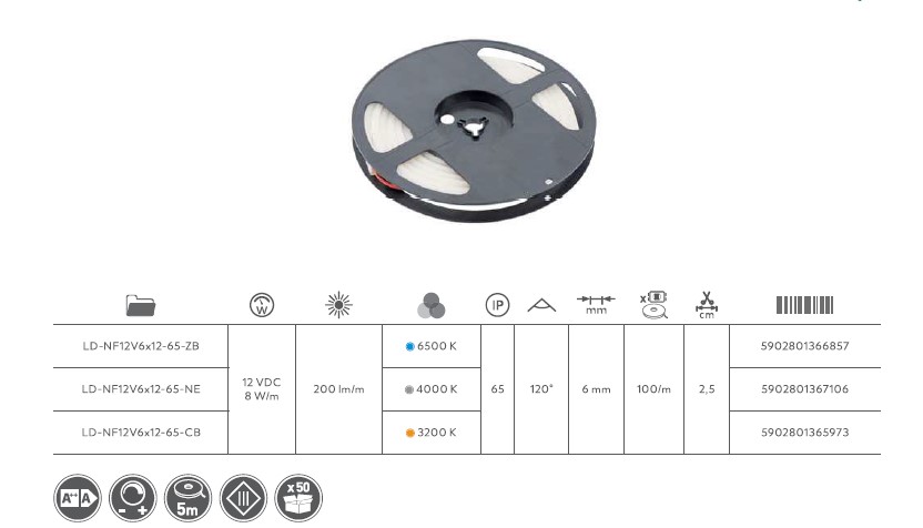 Стрічка GTV LED NEON flex 12V, 2835, нейтральний білий, IP65, 8мм, 5м, в комплекті заглушки и кріплення,LD-NF-12V6X12-65-NE. Фото 2