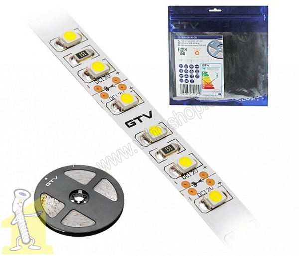 Стрічка GTV Flash 2835, 600 LED теплий білий, 33W без сілікона 5mm, 5m, 12V LD-2835-600-5MM-20-CB