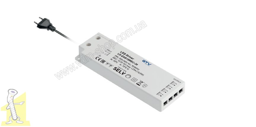 Блок живлення LED GTV SLIM EASY CLIK 12V,9W,input 220-240 VAC,IP20,розмір 103х41х12мм, з міні AMP , провід 1,5м, LD-ZAS09WEC-30