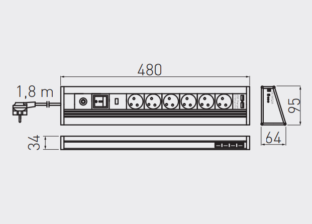 Настільний продовжувач GTV AE-PBMUL6S6U-53 6xsch,4xUSB,2USB-зарядка 5V 2.1A кабель 1,8м інокс. Фото 2