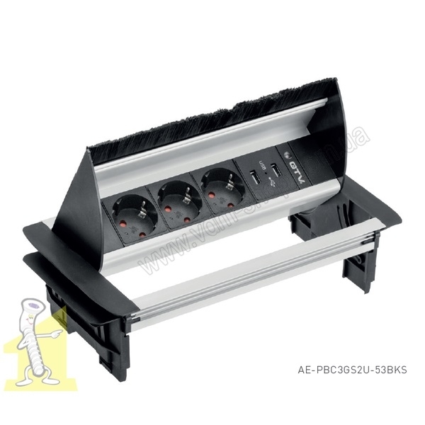 Настільний продовжувач GTV  AE-PBC3GS2U-53BKS 3-sch.,зарядка 2 USB 2.1A,5V,кабель 1,5м алюміній